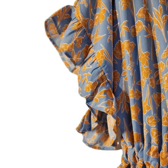 Bishop Young Floral Ruffle Short Sleeve Tie Front Button Down Blue Blouse Sz MED - Picture 3 of 7